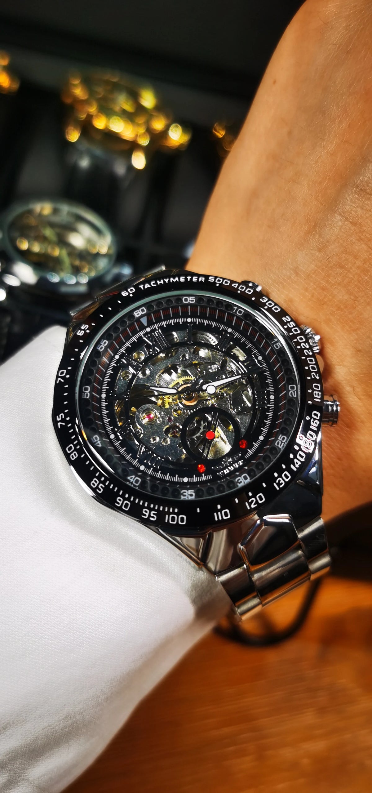 WINNER men’s automatic watch – Transparent skeletonised model, luminescent hands, stainless steel bracelet, luxury brand mechanical watch