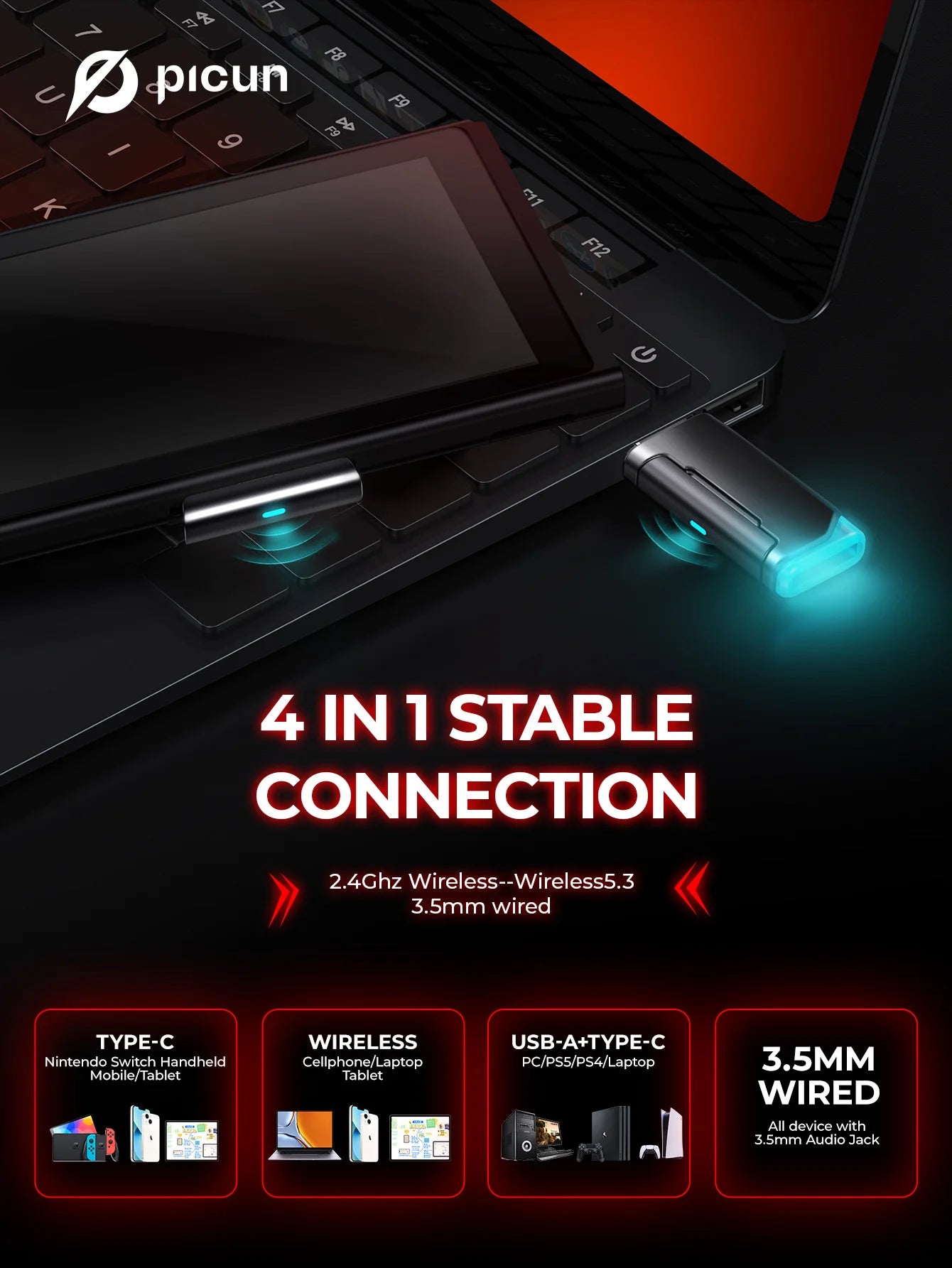 Auscultadores Gaming Sem Fios Picun G2 Bluetooth 5.3 – Som Surround 7.1, Microfone ENC, Bateria de 100H, Auscultadores de Baixa Latência para PC, PS5, PS4, Switch e Mobile