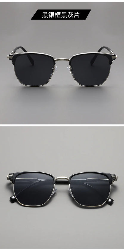 Handsome Half Frame Sunglasses Personalized Retro Rectangular Design Black Gray Eyeglass Lenses UV Resistant Sunglasses