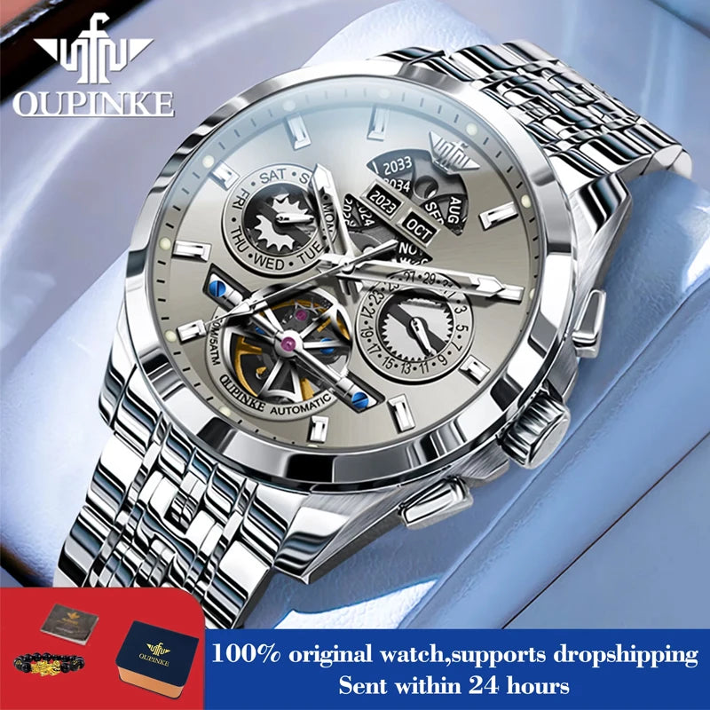 OUPINKE 3251 Watch For Men Auto Date Hollow Skeleton Luxury Automatic Mechanical Hand Clock Top Brand Waterproof Man Watches