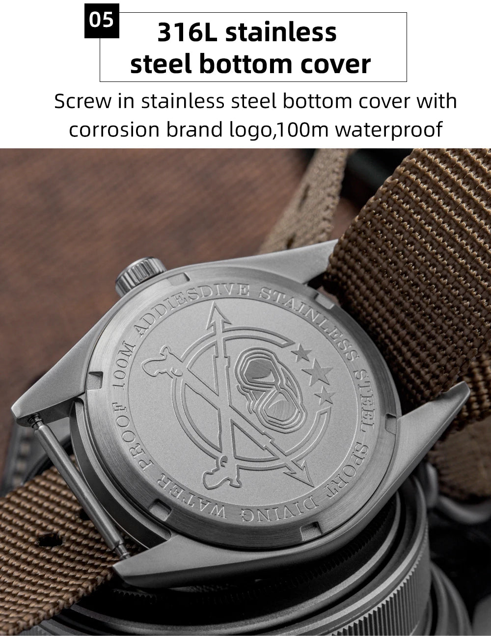 Relógio analógico masculino ADDIESDIVE 36mm com vidro espelhado bolha, 100m à prova de água, luminoso, simples, em quartzo, com bracelete em nylon