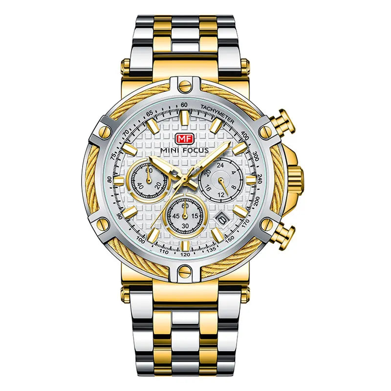 MINI FOCUS Black Stainless Steel Quartz Watch Men Fashion Luminous Dress Wristwatch with Date 24-hour Display Chronograph 0470