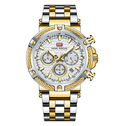 MINI FOCUS Black Stainless Steel Quartz Watch Men Fashion Luminous Dress Wristwatch with Date 24-hour Display Chronograph 0470