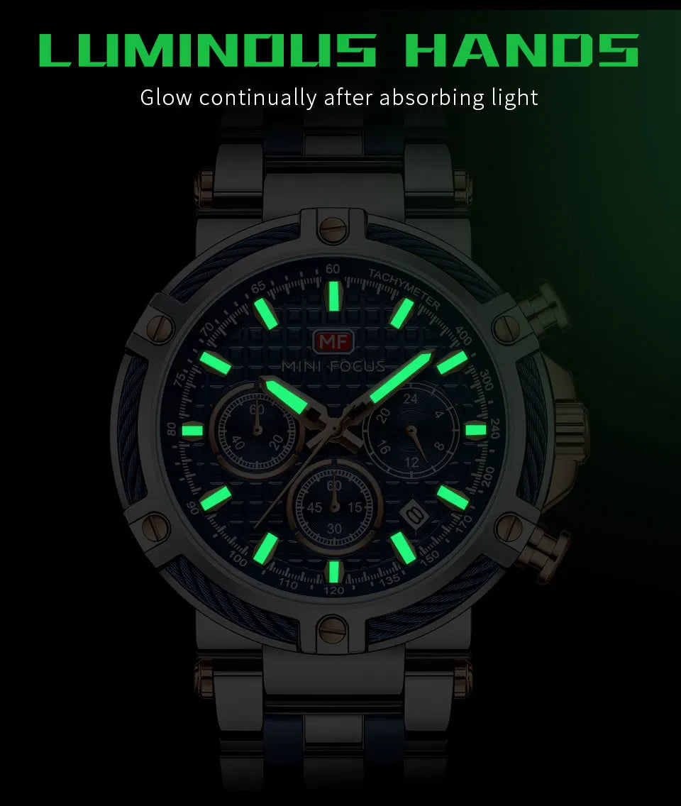 MINI FOCUS Black Stainless Steel Quartz Watch Men Fashion Luminous Dress Wristwatch with Date 24-hour Display Chronograph 0470