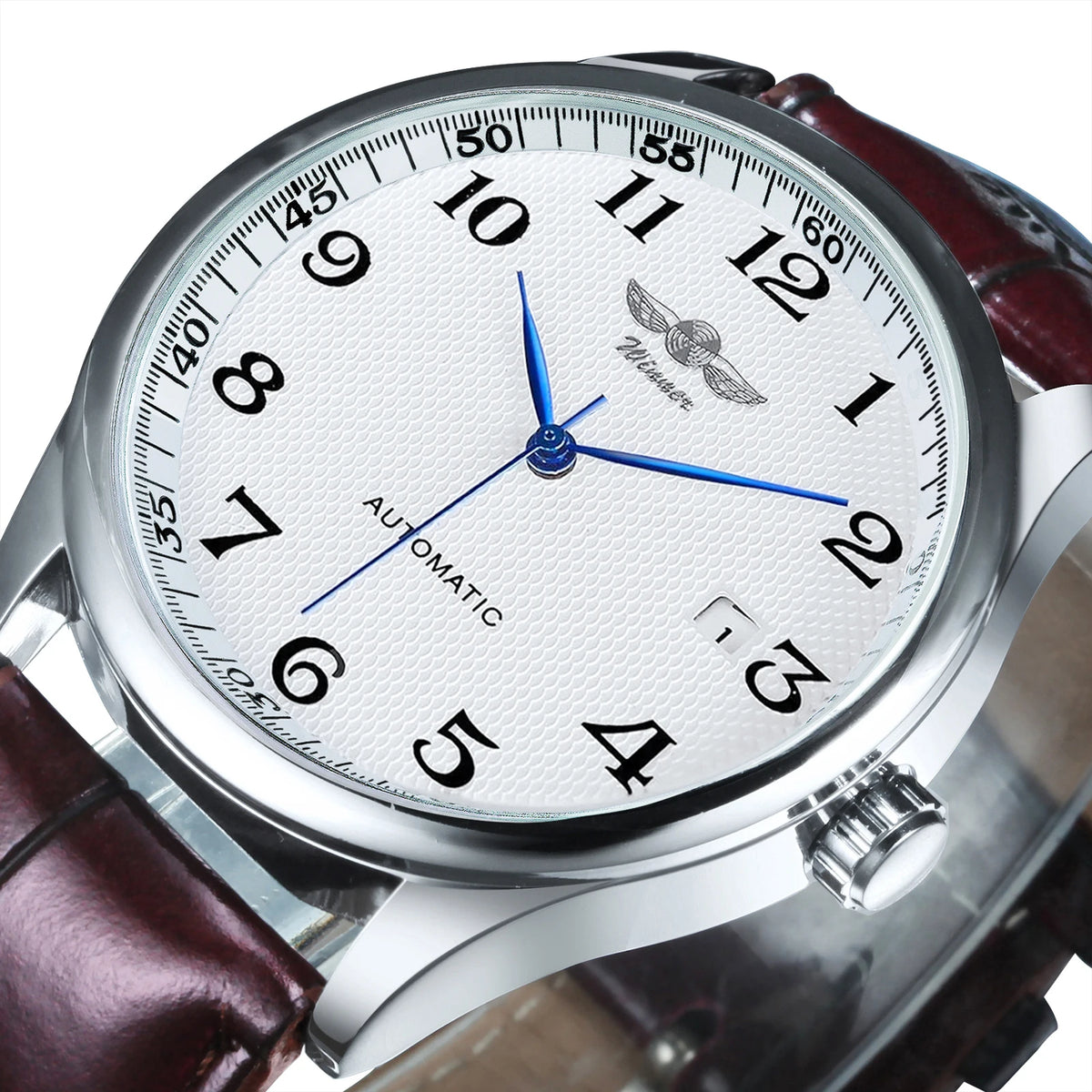 Classic men’s watch – Retro style with date display and blue hands, automatic mechanical movement, prestigious brand, steel case and leather strap