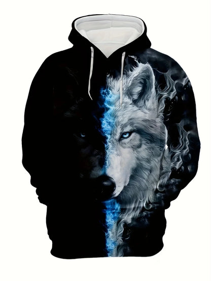 Herren-Outdoor-Hoodie mit 3D-Wolf-Grafik, Streetwear-Kapuzenpullover mit Fronttasche und Designer-Sweatshirt-Stil
