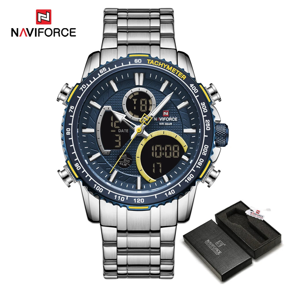 NAVIFORCE Men’s Sports Watch – Original luxury stainless steel wristwatch, water-resistant military-style model with dual display