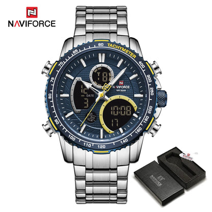 NAVIFORCE Men’s Sports Watch – Original luxury stainless steel wristwatch, water-resistant military-style model with dual display