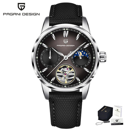 PAGANI DESIGN – Luxus mechanikus férfi karóra, 41 mm, zafírüveg, bőr szíj, vízálló, pilóta stílusú, tourbillon és holdfázis kijelzővel