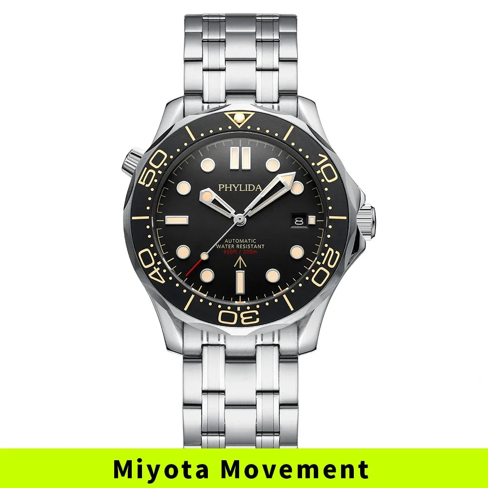 PHYLIDA Black Dial PT5000 MIYOTA Automatic Watch DIVER 200M 007 NTTD Style Sapphire Crystal Solid Bracelet Waterproof 20Bar