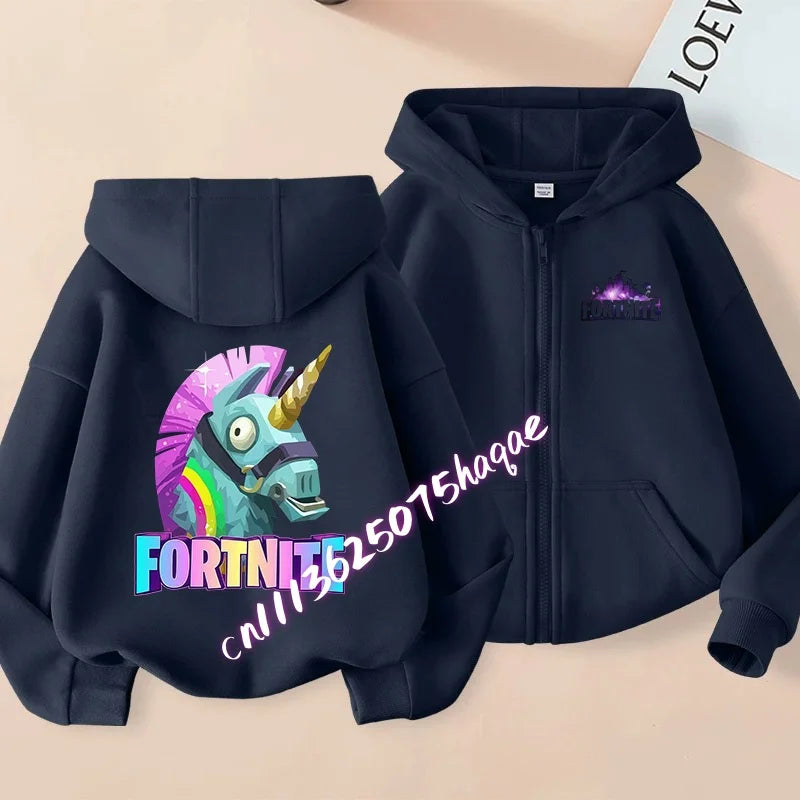 Ново детско яке с качулка Fortnites — суитшърт с цип и щампа на анимационен игрови персонаж, есенно-зимни дрехи за момчета