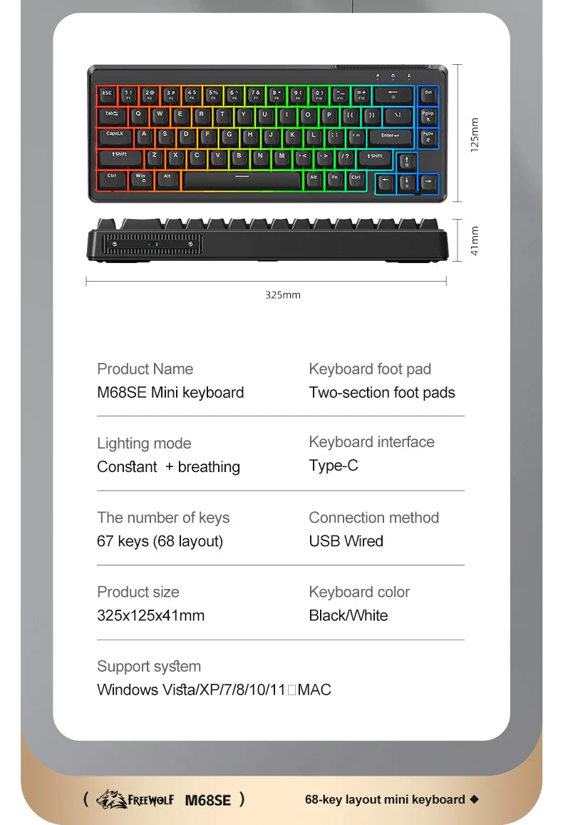 FREEWOLF M68SE Mini-Tastatur mit 68 Tasten, kabelgebunden, RGB-Hintergrundbeleuchtung, Type-C, 68-%-Layout, kompakt, für Gaming, Büro, PC und Laptop