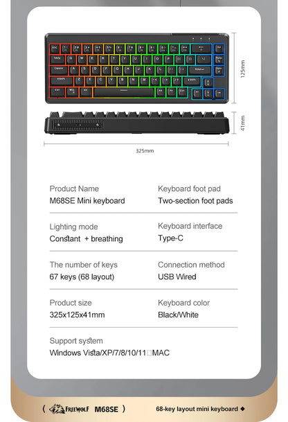 FREEWOLF M68SE Mini-Tastatur mit 68 Tasten, kabelgebunden, RGB-Hintergrundbeleuchtung, Type-C, 68-%-Layout, kompakt, für Gaming, Büro, PC und Laptop