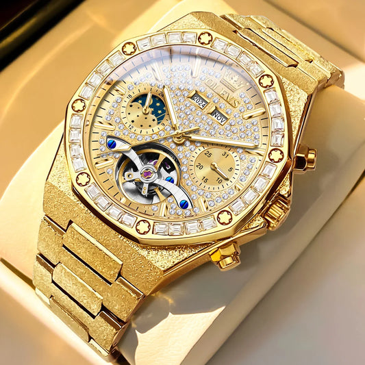 OLEVS Gold Steel Men's Watches Top Brand Automatic Mechanical Luxury Watch Sport Waterproof Tourbillon Wrist Watch Reloj Hombre