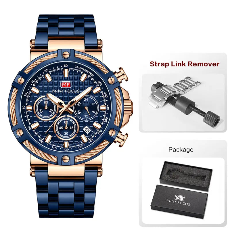 MINI FOCUS Black Stainless Steel Quartz Watch Men Fashion Luminous Dress Wristwatch with Date 24-hour Display Chronograph 0470