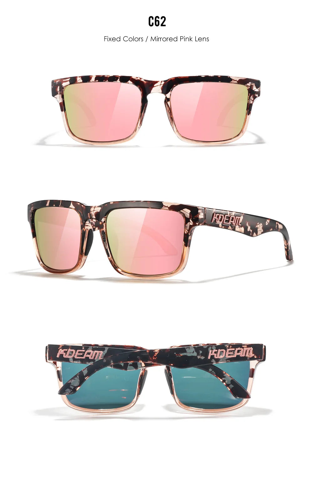 KDEAM Unisex Square Sunglasses Polarized Flash With Stylish Mirrored Pink Sun Glasses New Colors KD332