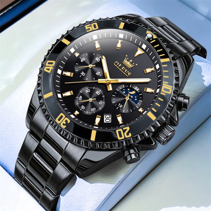OLEVS men’s watch, luxury brand, gold-coloured military-style quartz watch, water-resistant, luminous date display, stainless steel case.