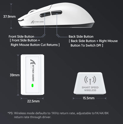 Mouse gaming Attack Shark R6 ultra leggero 38g, wireless PAW3950 con frequenza di polling 8K, Nordic 52840, 24000DPI, tri-mode
