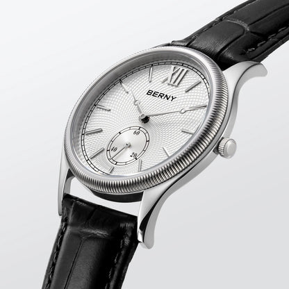 BERNY Men's Watches Luxury Classic Stylish Dress Quartz Watch Slim Stainless Steel Case Elegance Leather Strap Wristwatch