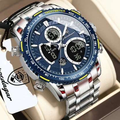 Montre pour homme POEDAGAR : montre à quartz tendance, étanche, avec affichage LED, double fuseau horaire et boîtier en acier inoxydable – une montre numérique de luxe pour homme.
