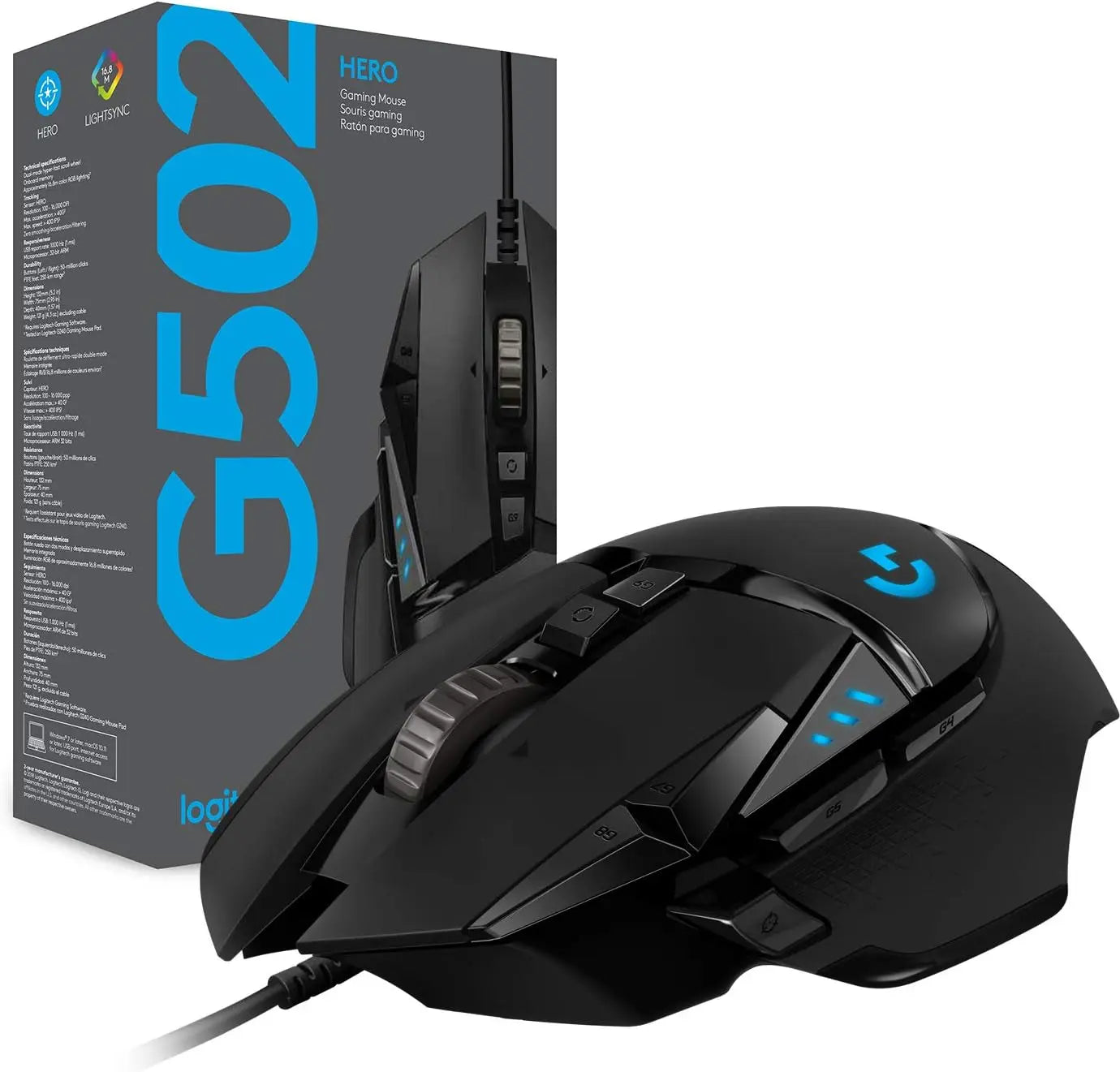 Ratón gaming con cable Logitech G502 HERO de alto rendimiento, sensor HERO 25K, 25,600 DPI, RGB, pesos ajustables, 11 botones, ratón para PC/Mac