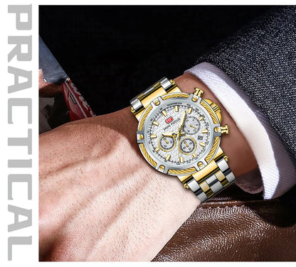 MINI FOCUS Black Stainless Steel Quartz Watch Men Fashion Luminous Dress Wristwatch with Date 24-hour Display Chronograph 0470