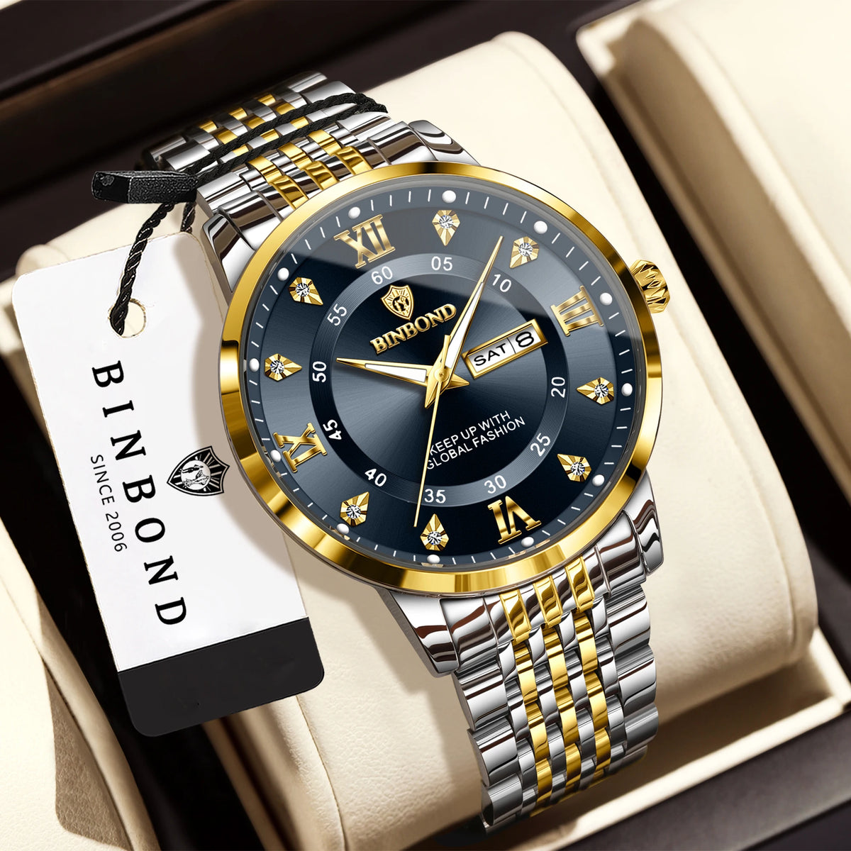 BINBOND luxury quartz wristwatch for men – Water-resistant, luminous, with day-of-the-week display – Business, sport, fashion and casual styles