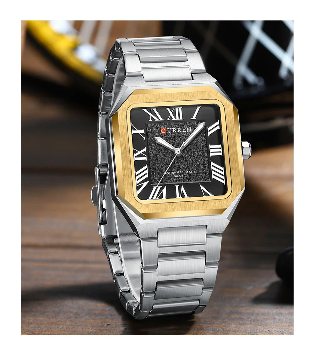 CURREN Vintage Square Design Dial with Roman Numeral Classic Business Dress Quartz Watch for Men with Luminous Hands 8482