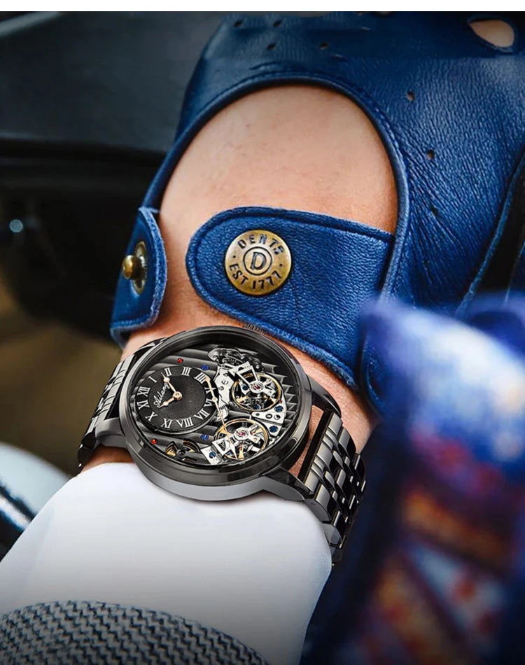 AILANG Top Brand Luxury Watch Men Automatic Luminous Black Clock Men Double Tourbillon Waterproof Mechanical Watch Relogio