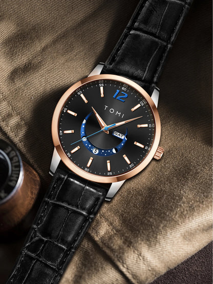 Orologio al quarzo TOMI, dallo stile elegante e professionale, con cinturino in pelle, cassa in lega e quadrante con lancette – Design di alta gamma, idea regalo per uomo