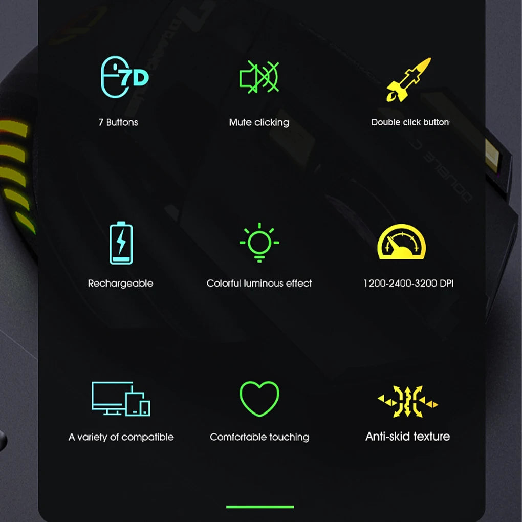 Wireless Rechargeable Optical Mouse RGB Breathing Light 7 Buttons Gaming Computer Mice Adjustable for Desktop PC