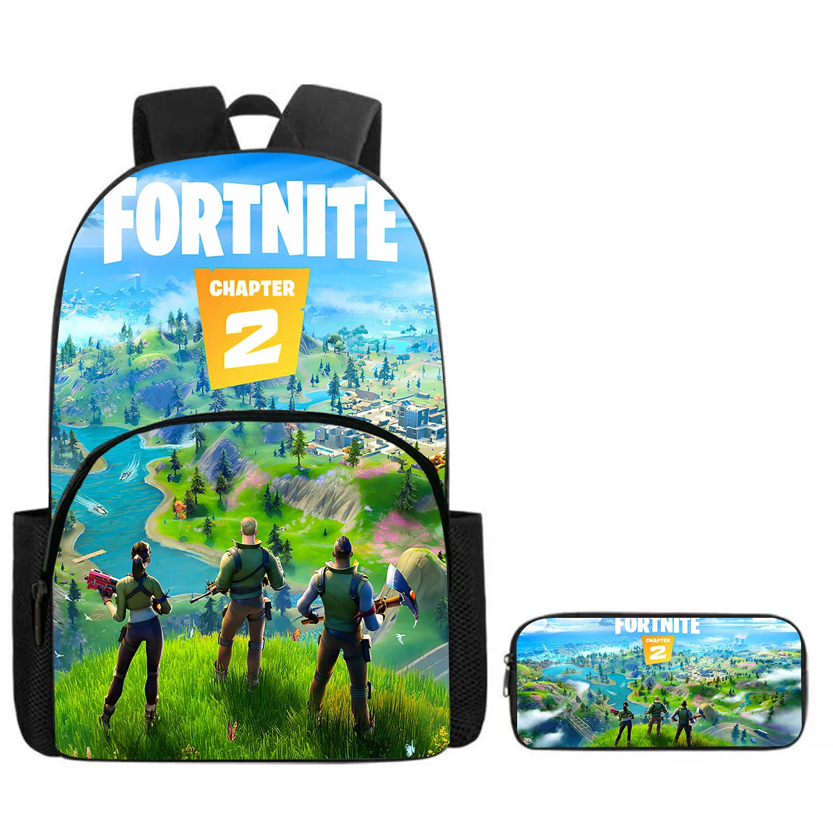 Mochila Fortnite Cartoon com Bolso Frontal e Estojo 2PCS - Conjunto Escolar para Meninos e Meninas dos 5 aos 8 Anos, Presente de Regresso às Aulas