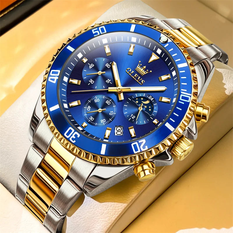 OLEVS men’s watch, luxury brand, gold-coloured military-style quartz watch, water-resistant, luminous date display, stainless steel case.