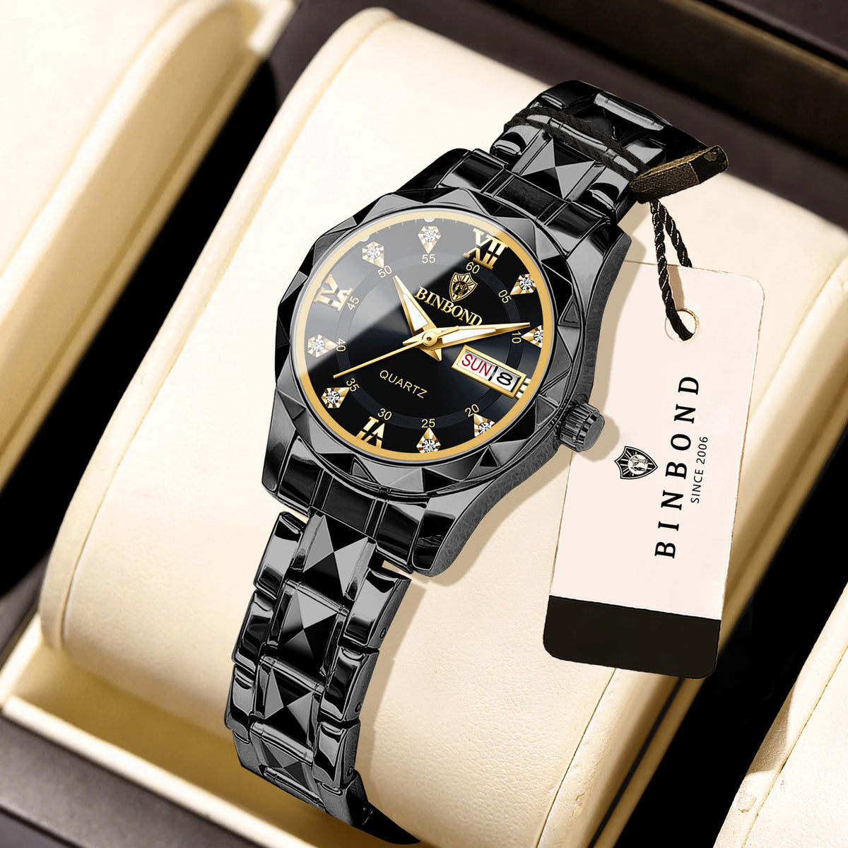 BINBOND ladies’ watch: a robust, luxurious, luminescent and water-resistant quartz watch, featuring an accurate date and day-of-the-week display.