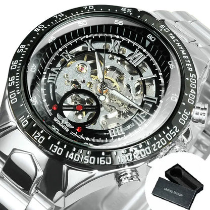WINNER men’s automatic watch – Transparent skeletonised model, luminescent hands, stainless steel bracelet, luxury brand mechanical watch