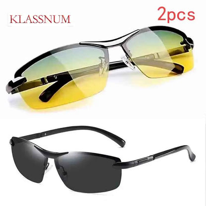 KLASSNUM Men Fashion Cycling Rimless Sunglasses Photochromic Polarized Shades Color Changing Fishing Car Driving Yellow Glasses