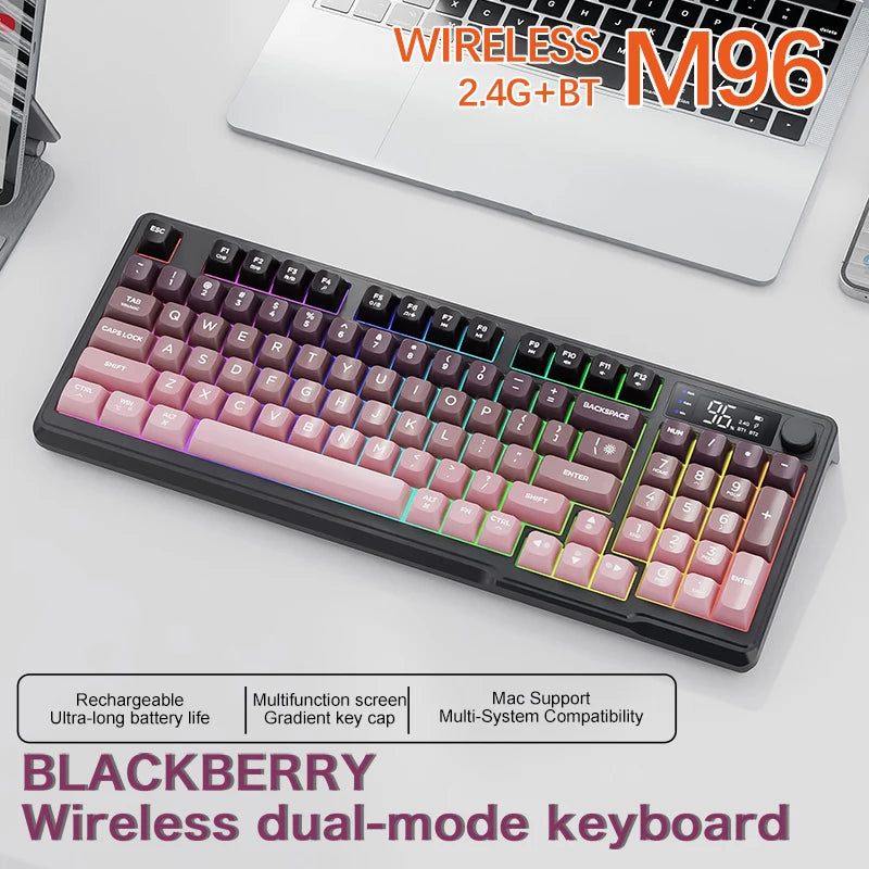 M96 kabellose Bluetooth-Tastatur FREEWOLF mit Digitalanzeige, RGB-Hintergrundbeleuchtung, 2000mAh-Akku & PBT-Tastenkappen für PC/Laptop