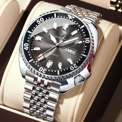 POEDAGAR luxury men’s watch, business style, with date and day of the week, water-resistant and luminous, made of stainless steel and powered by a quartz movement.