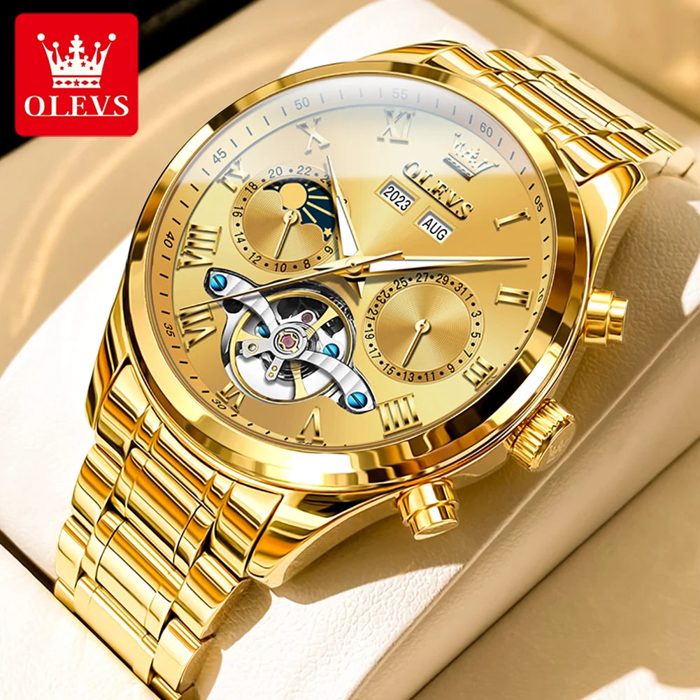 OLEVS 7005 Classic Business Mechanical Wristwatch for Men Skeleton Flywheel 24 Hour Moon Phase Calendar Luxury Men's Watch