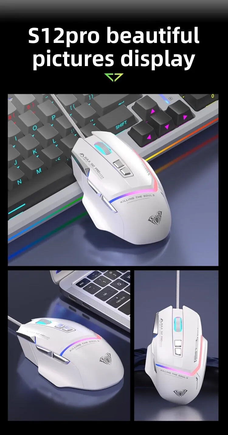 Hot Sale AULA S12 Pro Wired Gaming Mouse 12800 DPI RGB Backlit 8 Programmable Buttons Ergonomic Game Mouse for PC Laptop