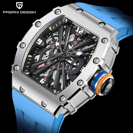 2026 Neue PAGANI DESIGN Herren-Quarzuhr VH65-Uhrwerk, Skeleton-Zifferblatt, 100M wasserdicht, sportliche rechteckige Uhr mit Saphirglas für Herren