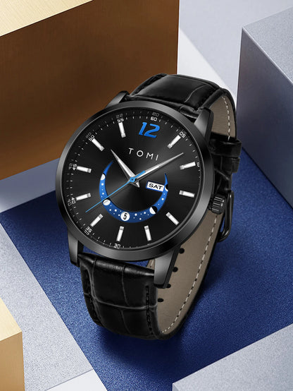 Orologio al quarzo TOMI, dallo stile elegante e professionale, con cinturino in pelle, cassa in lega e quadrante con lancette – Design di alta gamma, idea regalo per uomo