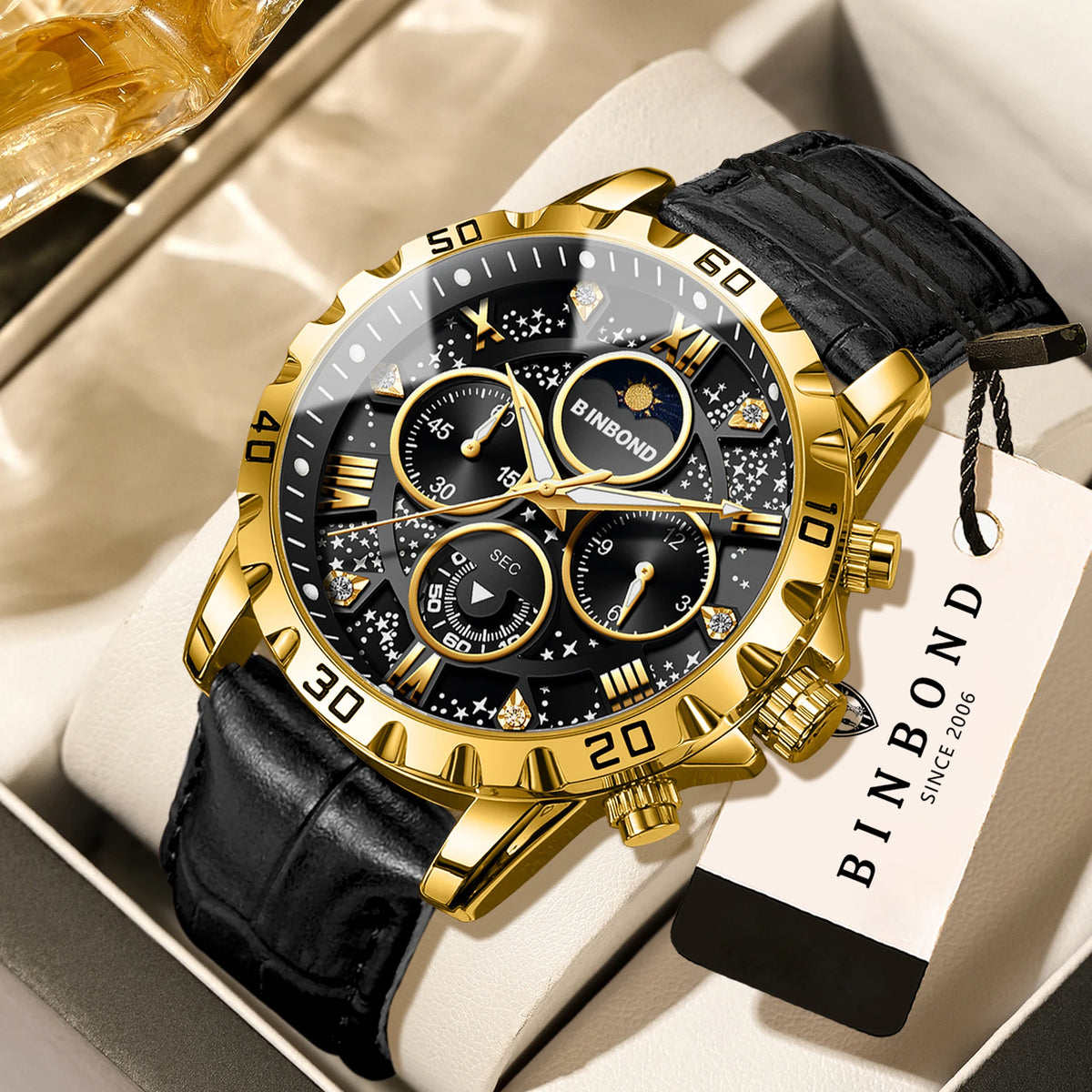 Authentic and accurate BINBOND quartz wristwatch for men, a luxury, water-resistant chronograph with a luminous display and leather strap.