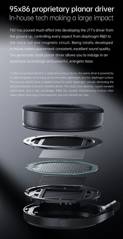 Cuffie audiophile over-ear magnetiche planari FiiO JT7 – Driver 95x86mm, headset HiFi cablato 4.4mm e 3.5mm