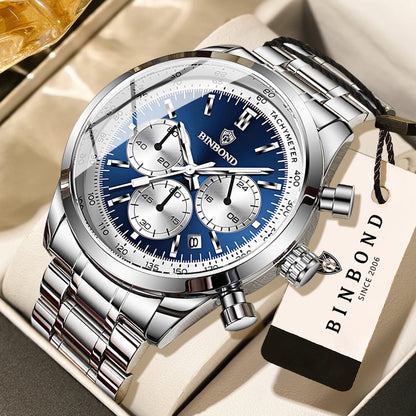 BINBOND men’s quartz watch: elegant, robust and accurate, with automatic date, chronograph, luminescent hands and water-resistant. Casual style.