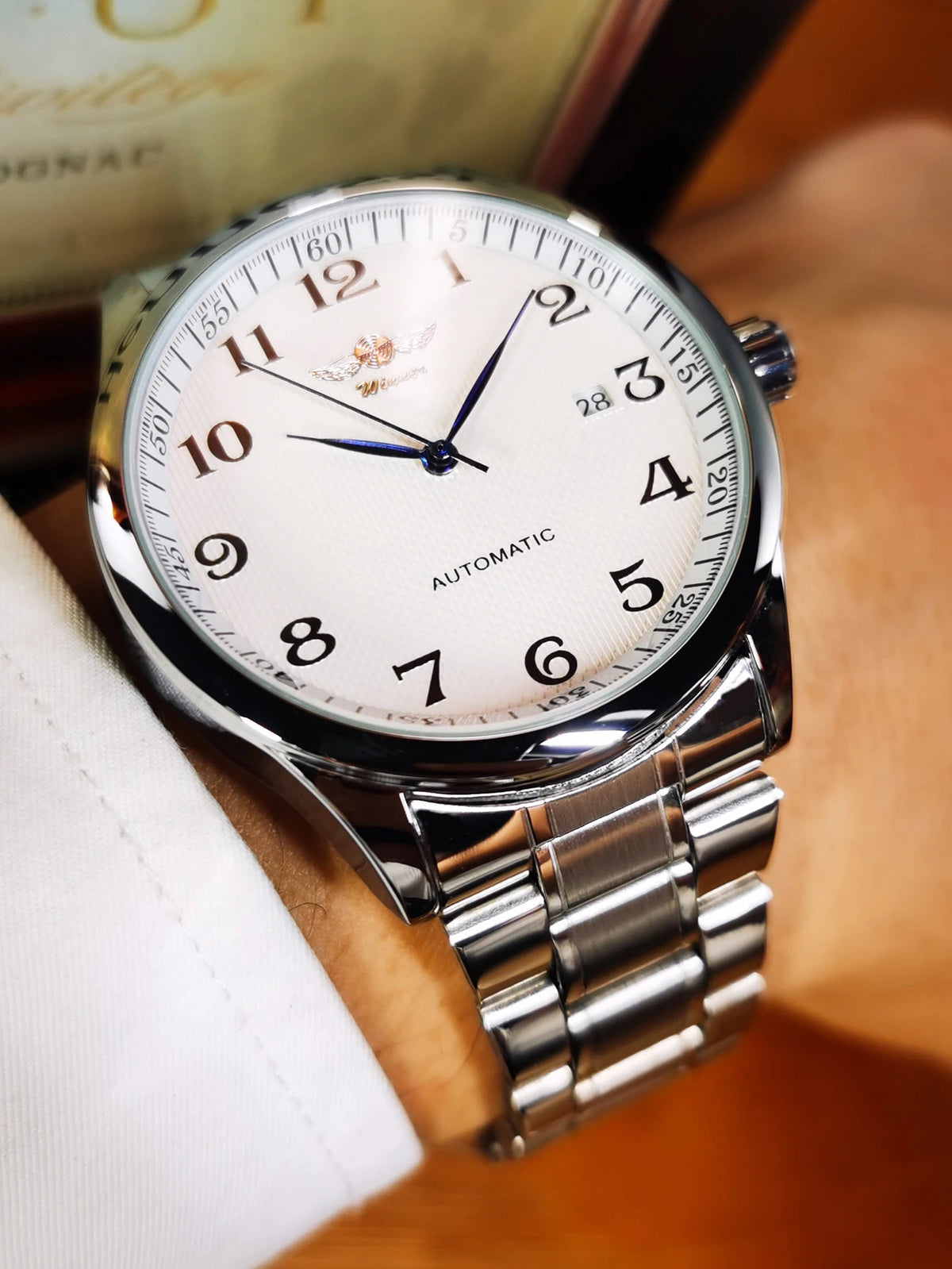 Herrklocka WINNER – Klassisk, retro och elegant stil – Mekanisk automatisk klocka med kalender – Lyxmärke, boett i stål och läderarmband