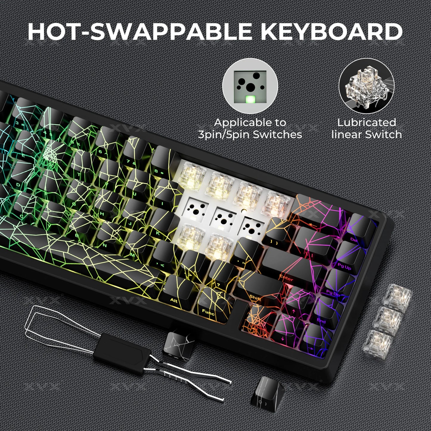 Tastiera XVX Spider Web M67 JadeStone con keycap IMD-Tech, connessione tri-mode, retroilluminazione RGB personalizzata, formato 60%
