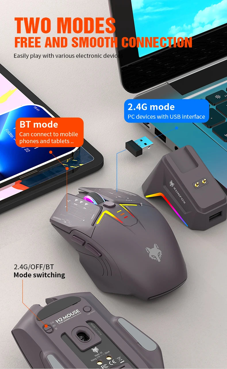 Mouse wireless Bluetooth dual-mode XUNSVFOX H2 con effetti di illuminazione RGB, per laptop, gaming e ufficio, ricarica magnetica