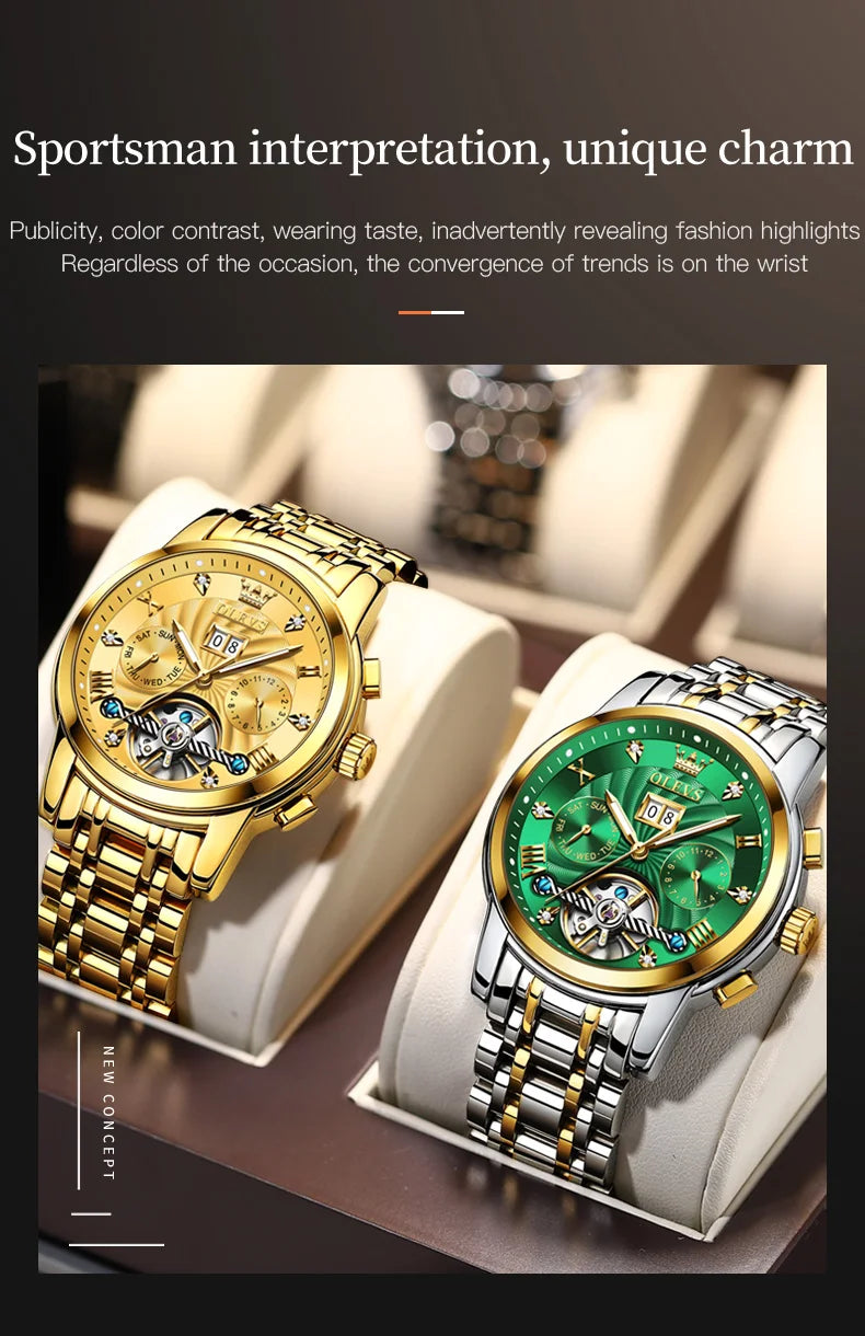 OLEVS 9910 Mens Watch Original Luxury Brand Waterproof Luminous  Automatic Mechanical Watch Dual Calendar Watch Box Reloj