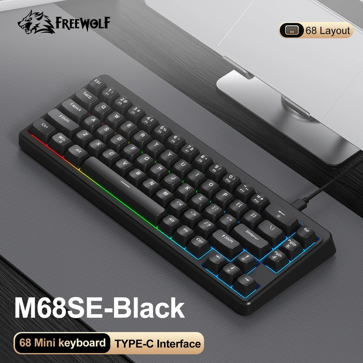 FREEWOLF M68SE Tastatur mit mechanischem Tippgefühl, 68 Tasten, Mini, kabelgebunden, kompakt und leise, für Laptops, Gaming und Bürogebrauch